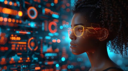 A partial and blurry side view of a woman with an aesthetic background of abstract digital information