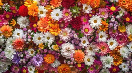 Obraz premium A beautiful flower wall background adorned with amazing red, orange, pink, purple, green, and white chrysanthemum flowers, perfect for wedding decoration, handcrafted with care.