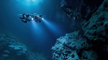 Fototapeta premium A deep-sea exploration drone navigates the abyss, capturing rare marine life and geological formations with high-definition cameras.