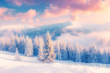 Impressive winter morning in Carpathian mountains with snow covered fir trees. Colorful outdoor scene, Happy New Year celebration concept.