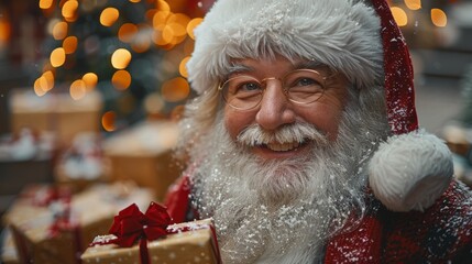 Close-up of a smiling Santa Claus with a snow-covered beard, capturing the spirit of Christmas