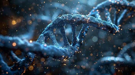 This image features a digital 3D rendering of a segment of a DNA helix with illuminated particles, depicting the concept of biotechnology