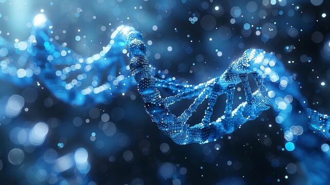 An artistic digital concept of a DNA double helix in sparkling blue against a dark background