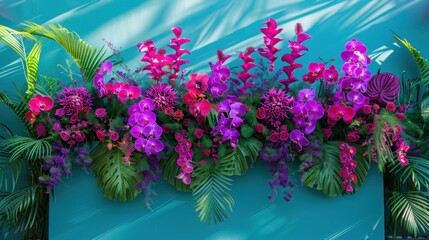 Tropical flowers in shades of fuchsia, purple, and turquoise cascade down the sides of the podium, creating a striking and memorable display.