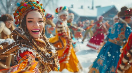 Beautiful cheerful girl in traditional Russian costume and fur hat with long blond hair.