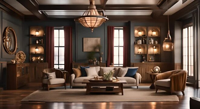 Rustic elaborate living room with nautical decorations on the walls