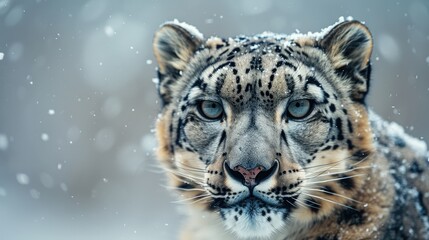 Face portrait of snow leopard - Irbis (Panthera uncia) on snowy background