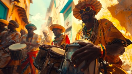 Stilt drummers perform during Carnival in Salvador, Bahia, Brazil.