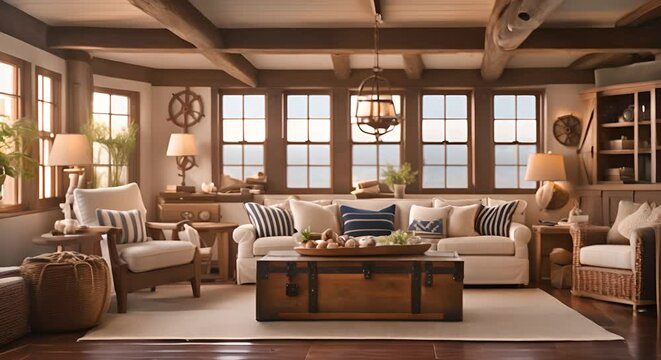 Rustic elaborate living room with nautical decorations on the walls