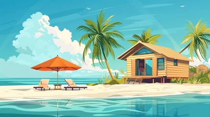 Vector illustration of beautiful scenic landscape of tropical sea beach.