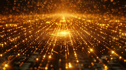 Obraz premium Stream of golden yellow energy particles, photons in nanoworld, lightspeed data transfer