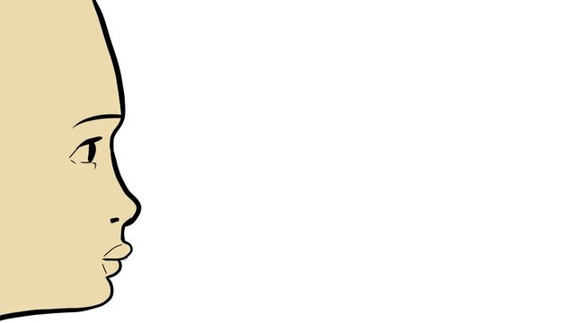 The cartoon transition effect consists of a person's face acting as the border of the curtain covering the space.