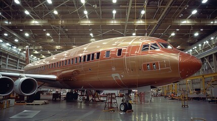 Obraz premium A large, red airplane sits in a hangar, partially obscured by shadows