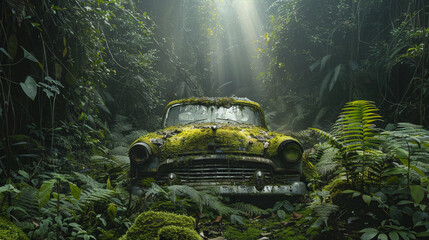 Abandoned vintage car relic in deep tropical rainforest with green plants, moss, ferns. - Powered by Adobe