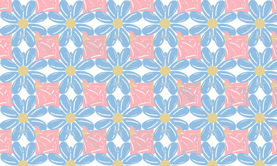 Graphic: blue flowers, interspersed with pink roses. Arranged in rows on a white background.