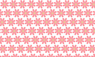 Graphic pink flowers arranged in rows on a white background.