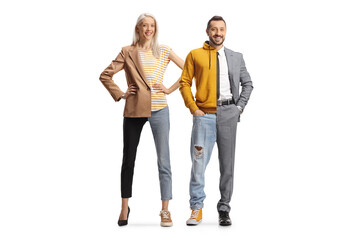 Man and woman dressed half in bussiness half in casual clothes