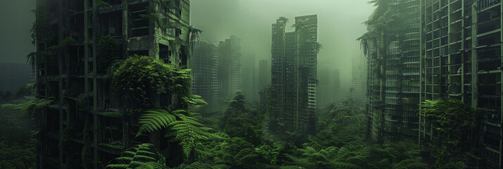 Abandoned city debris with green plants growing. Post apocalypse scene.