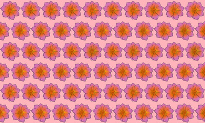 Graphic flower purple mixed with orange arranged in rows on a pink background