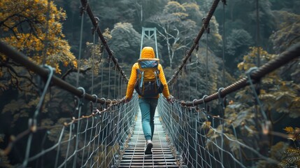 A solo traveler in a yellow jacket crosses a suspension bridge in a dense forest, capturing adventure and exploration.