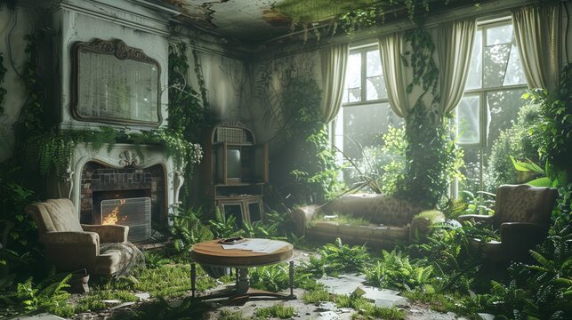 Interior view of abandoned city home room building with green plants growing. Post apocalypse scene.