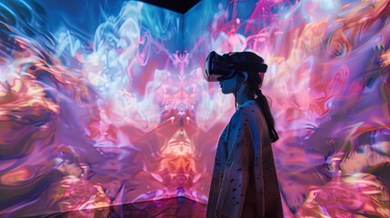 Fototapeta premium Technological visual stage art background, audience wearing VR glasses standing in a dreamy spatial world, dynamic abstract patterns and fluid effects 
