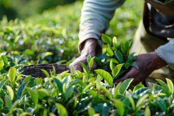 A person carefully picks fresh tea leaves from a lush bush at a tea plantation