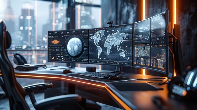 A computer monitor displays a map of the world with a red dot on it - Powered by Adobe