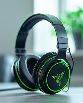 Illustrate the intersection of technology and design with a captivating image of a Razer Gaming Headset elegantly hanging on a whitepainted wall