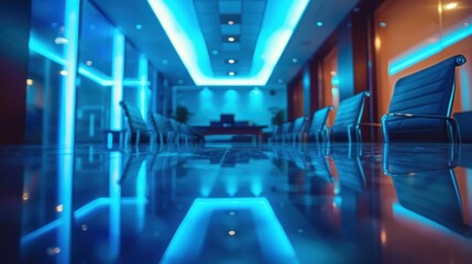 Fototapeta premium A large room with blue lights and a lot of chairs