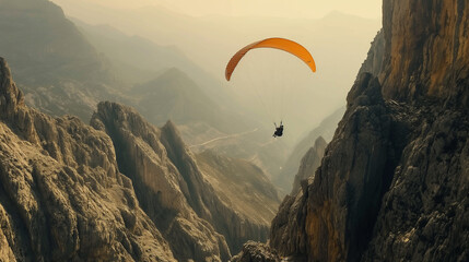 A dynamic shot of a paraglider maneuvering through narrow mountain passes, skillfully navigating the challenging terrain