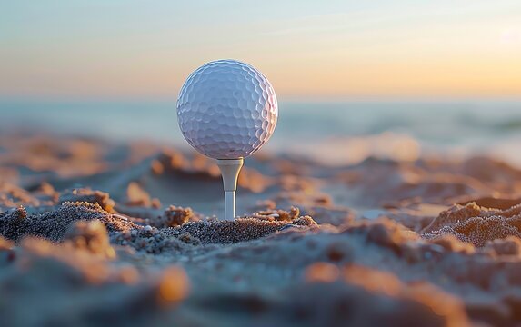 White golf ball on tee on beach sand with soft focus