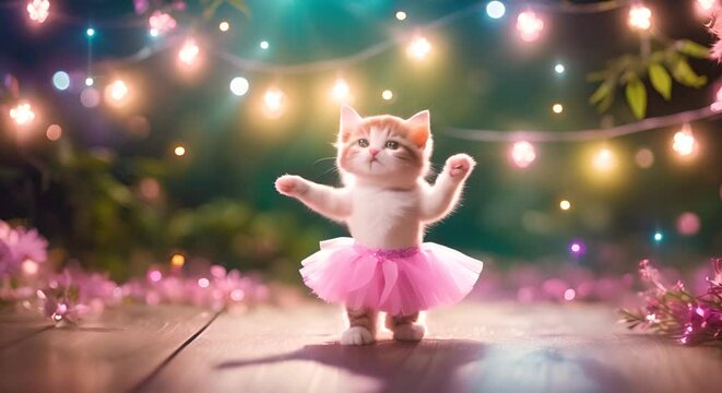 Cute Kitten dancing in pink ballet tutu skirt
