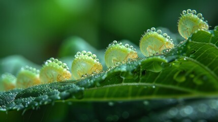 Insect eggs laid on a leaf, showing the early stage of life in the insect world.
