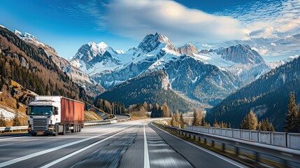 Fototapeta premium A truck drives on a snowy mountain highway under a bright blue sky, surrounded by majestic peaks and pine forests.