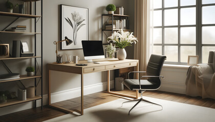 Elegant Home Office with Floral Decor and Wooden Furniture