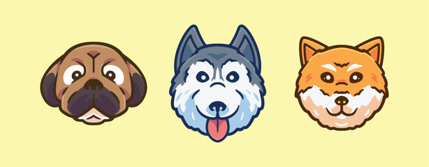 Cute and smile dog heads set pack collection cartoon character vector illustration icon