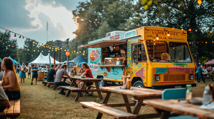 Obraz premium Yellow Food Truck Serving Customers at Outdoor Festival in Summer