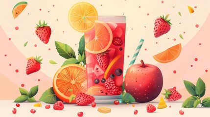 Flat design of stay hydrated in summer with coconut water, tropical setting, and hydration reminder