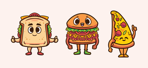 Fast food cute set pack collection cartoon character vector illustration icon