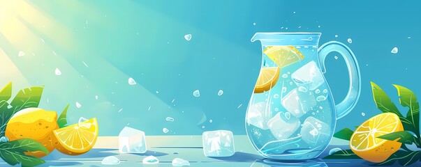 Flat design of stay hydrated in summer with a reusable water bottle, filled to the brim