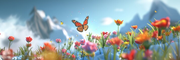 Beautiful butterfly fly rest over flowers with snow mountain