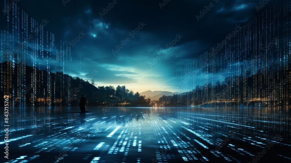 Poster A binary code sequence flowing like a river of data, representing the digital language that powers our world.