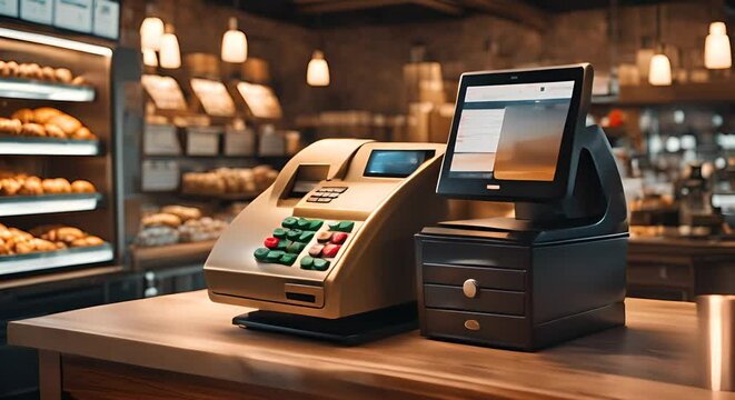 Cash register with monitor screen in organic bakery