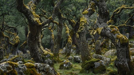 A forest of stone trees their twisted trunks covered in moss and lichen.