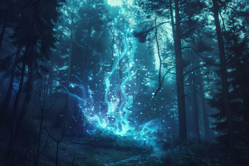 Obraz premium A forest with a glowing blue tree in the middle
