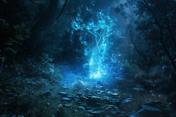 Obraz premium A forest with a glowing tree in the middle