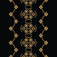 Traditional black ethnic motifs ikat geometric fabric pattern cross stitch.Ikat embroidery Ethnic oriental Pixel black background.Abstract,vector,illustration. Texture,decoration,wallpaper.