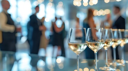 Wine Glasses at Stylish Event featuring multiple glasses of white wine on a table, capturing a sophisticated and festive atmosphere with blurred background.