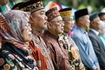 A group of men and women wearing traditional clothing stand together